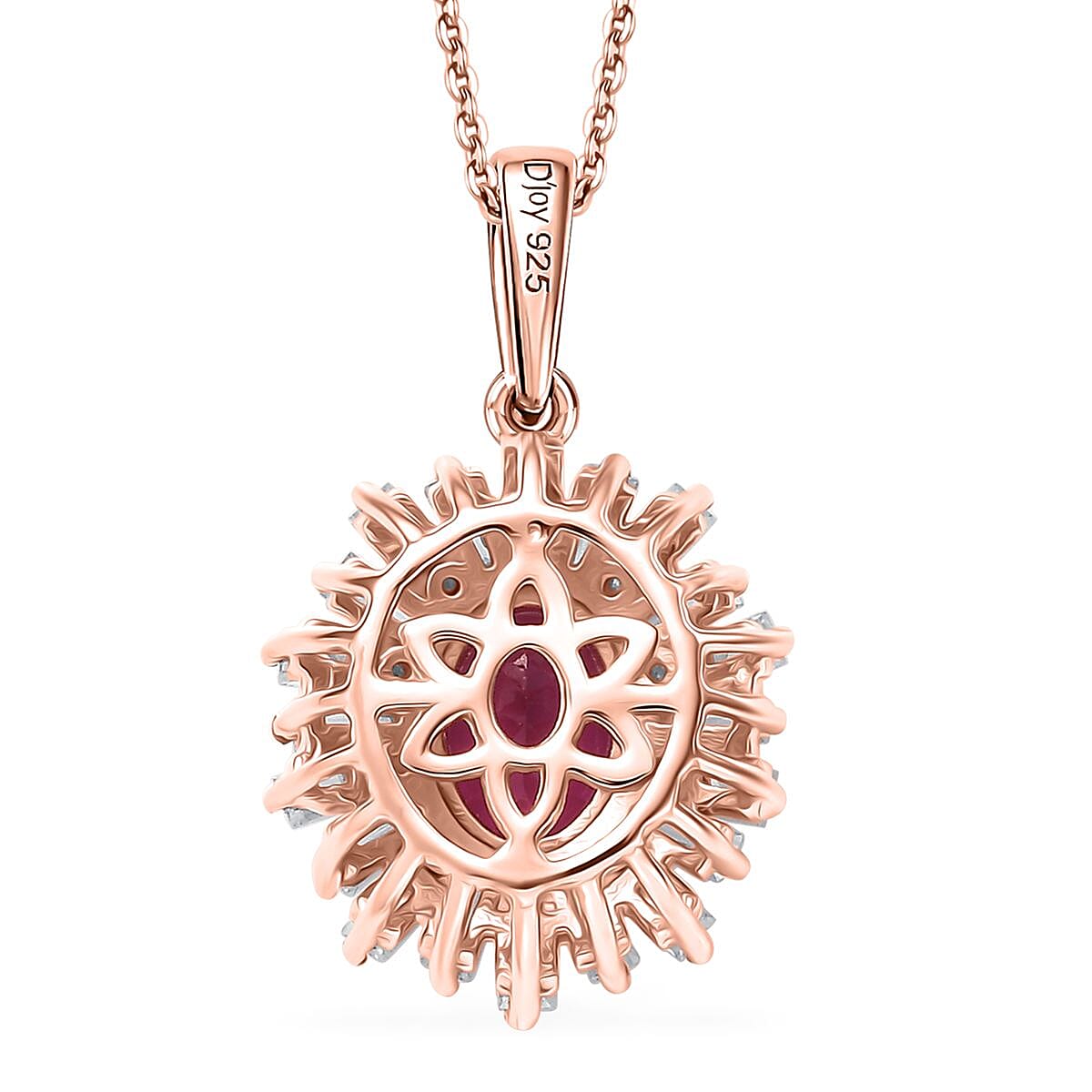 Premium Lab Created Bixbite and Moissanite 1.85 ctw Scarlet Starburst Pendant Necklace in 18K Vermeil Rose Gold Over Sterling Silver 20 Inches
