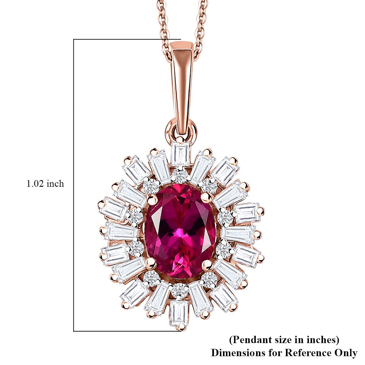 Premium Lab Created Bixbite and Moissanite 1.85 ctw Scarlet Starburst Pendant Necklace in 18K Vermeil Rose Gold Over Sterling Silver 20 Inches