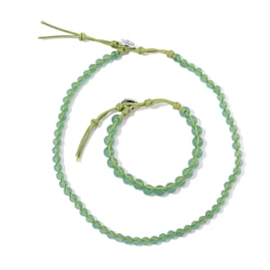 Green Aventurine 220.00 ctw Choker Necklace 16.5-20.5Inches and Stretch Bracelet in Rope Cord and Silvertone