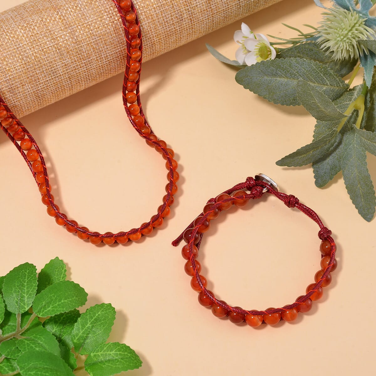 Red Agate 220.00 ctw Choker Necklace 16.5-20.5Inches and Stretch Bracelet in Rope Cord and Silvertone image number 1