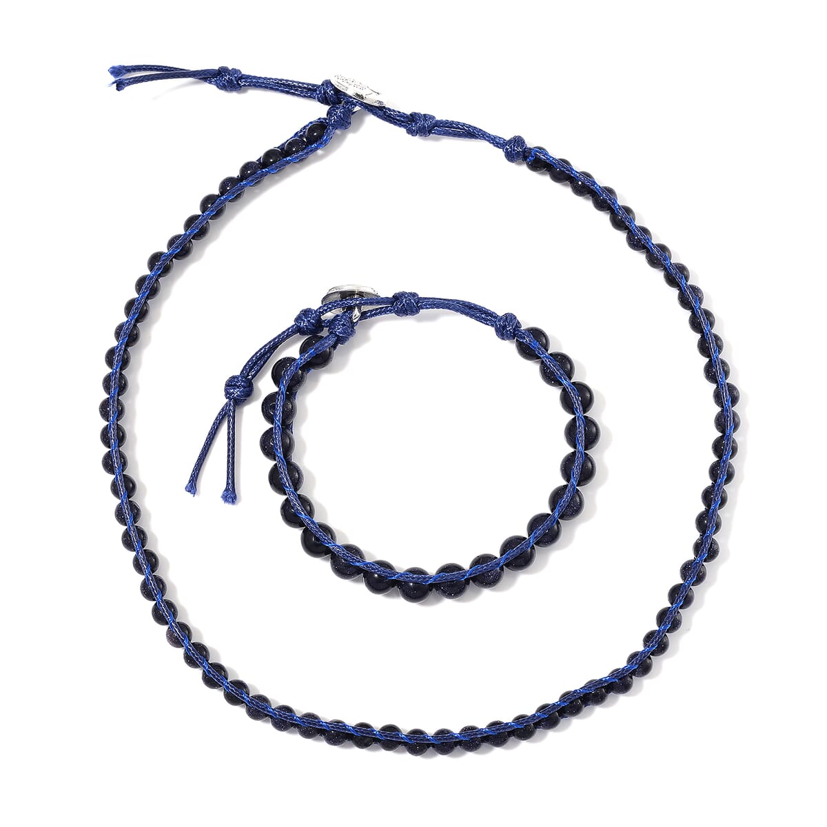 Blue Sandstone 220.00 ctw Choker Necklace 16.5-20.5Inches and Stretch Bracelet in Rope Cord and Silvertone image number 0