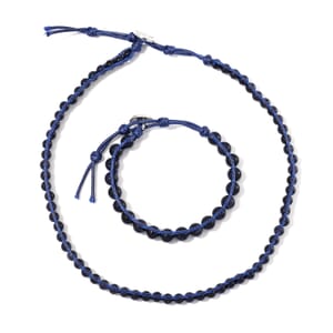 Blue Sandstone 220.00 ctw Choker Necklace 16.5-20.5Inches and Stretch Bracelet in Rope Cord and Silvertone