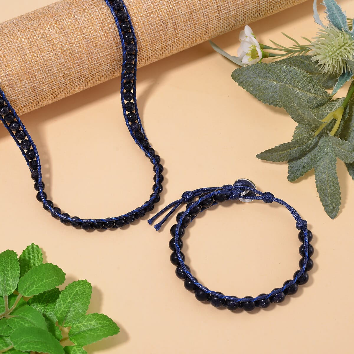 Blue Sandstone 220.00 ctw Choker Necklace 16.5-20.5Inches and Stretch Bracelet in Rope Cord and Silvertone image number 1