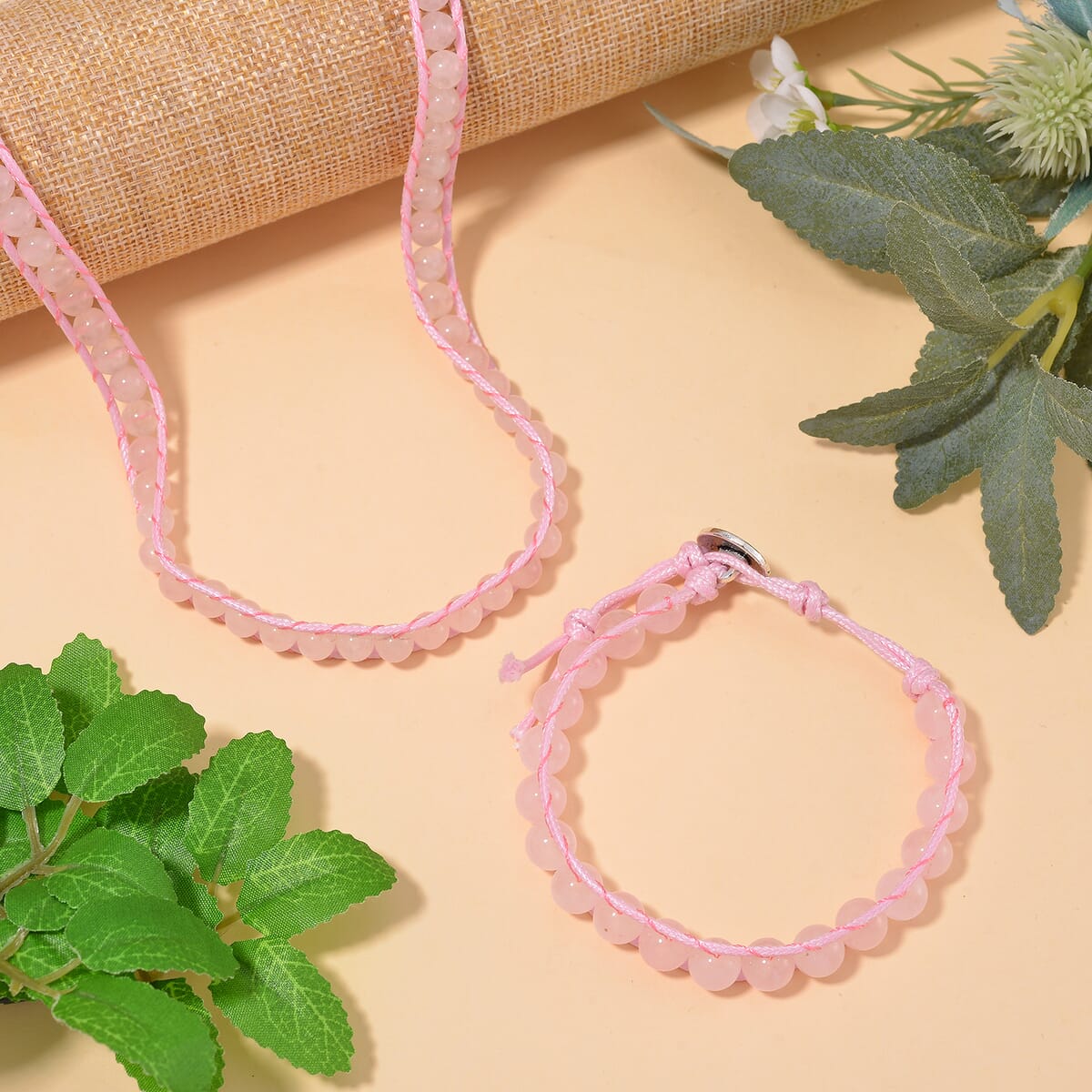 Galilea Rose Quartz 220.00 ctw Choker Necklace 16.5-20.5Inches and Stretch Bracelet in Rope Cord and Silvertone image number 1