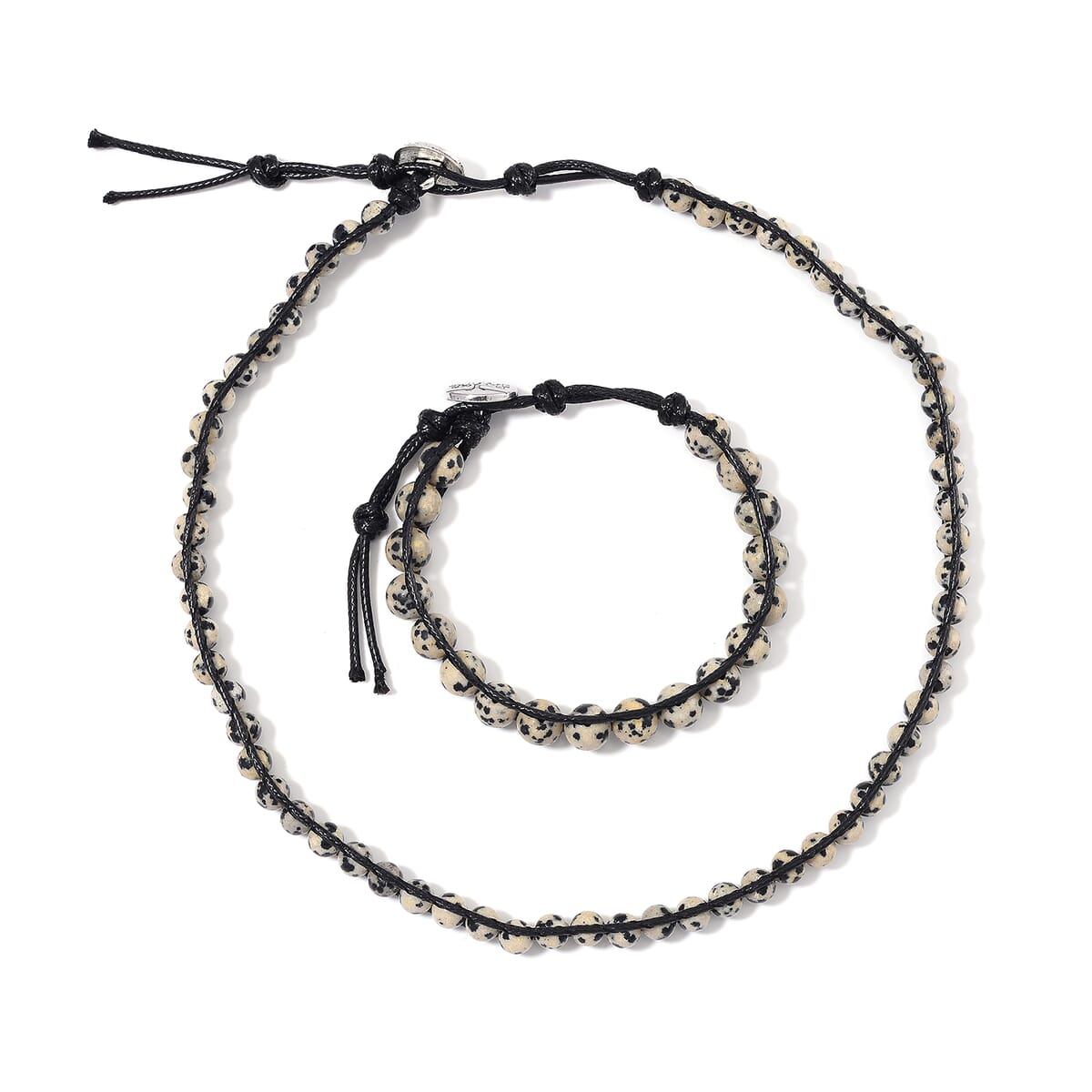 Dalmation Jasper 220.00 ctw Choker Necklace 16.5-20.5Inches and Stretch Bracelet in Rope Cord and Silvertone image number 0