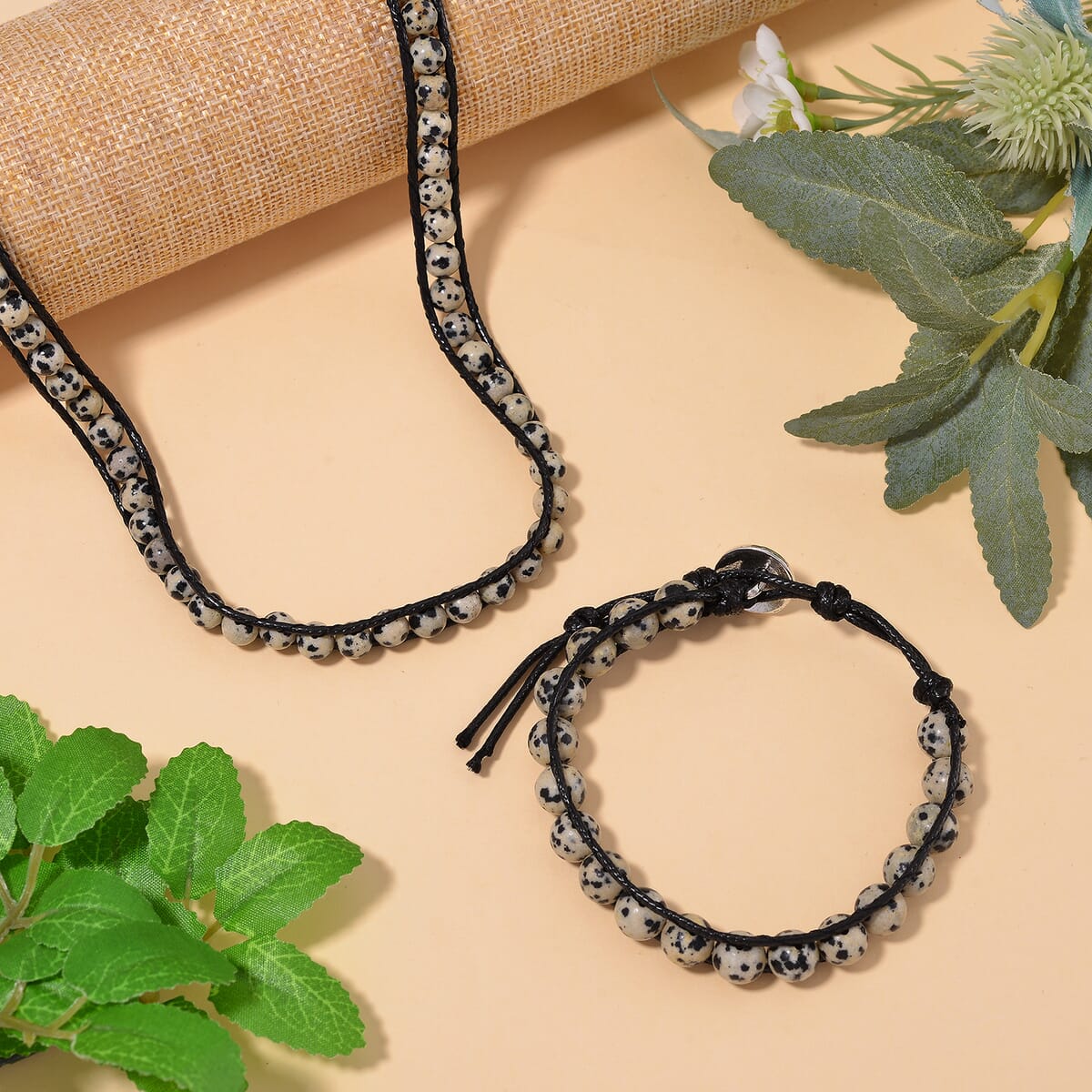 Dalmation Jasper 220.00 ctw Choker Necklace 16.5-20.5Inches and Stretch Bracelet in Rope Cord and Silvertone image number 1
