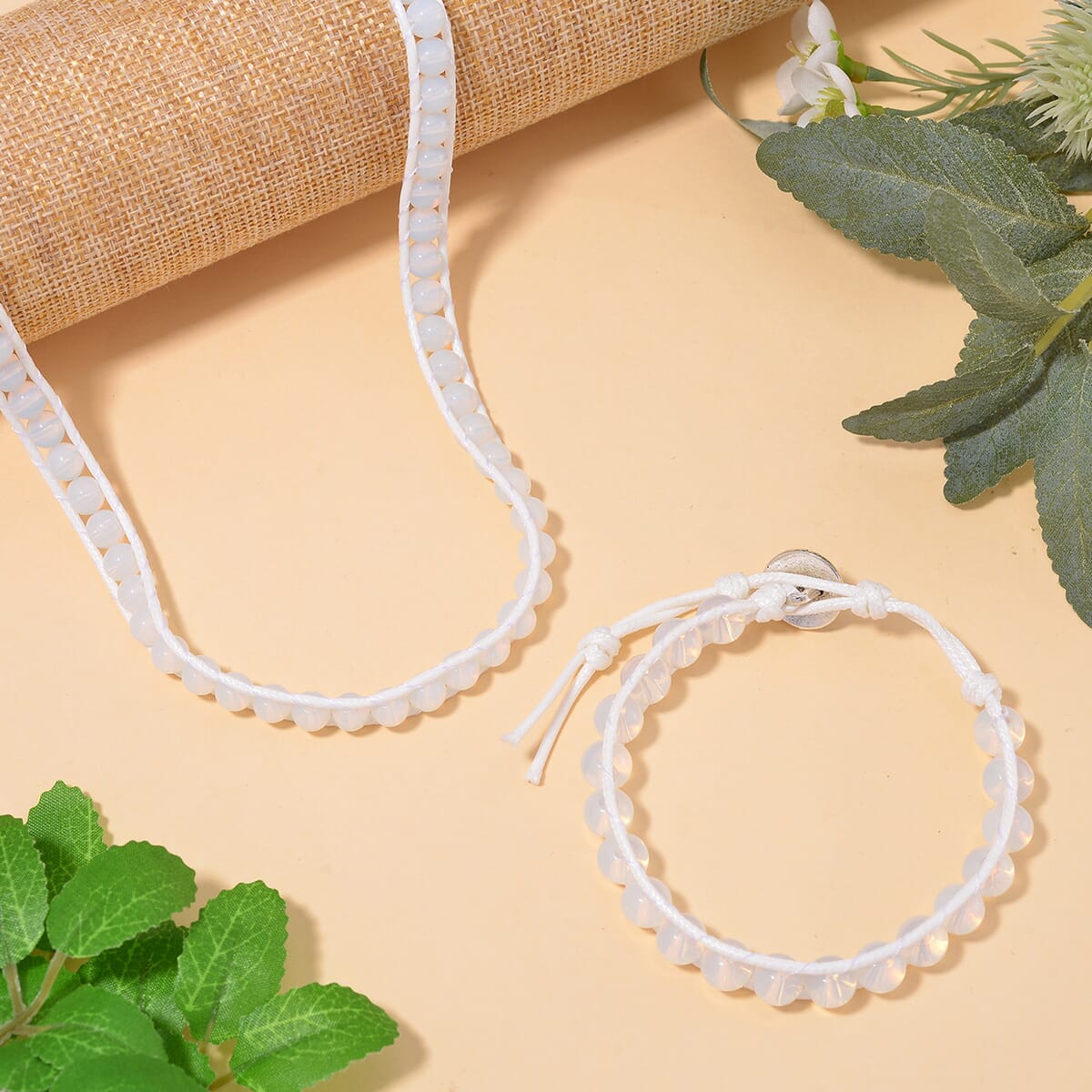 Opalite 220.00 ctw Choker Necklace 16.5-20.5Inches and Stretch Bracelet in Rope Cord and Silvertone image number 1