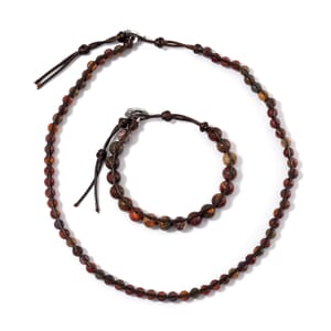 Picasso Jasper 220.00 ctw Choker Necklace 16.5-20.5Inches and Stretch Bracelet in Rope Cord and Silvertone