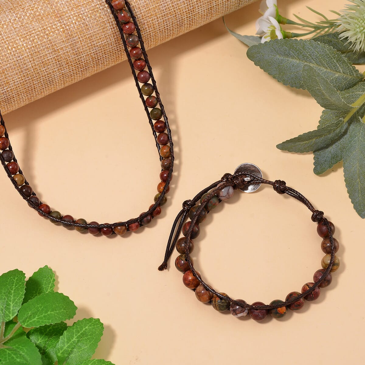 Picasso Jasper 220.00 ctw Choker Necklace 16.5-20.5Inches and Stretch Bracelet in Rope Cord and Silvertone image number 1