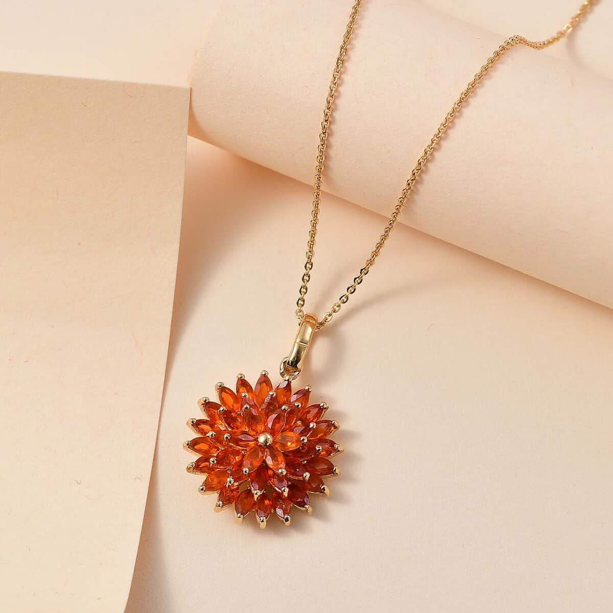 AAA Buriti Fire Opal 2.25 ctw Dahlia Flower Pendant Necklace in 18K Vermeil Yellow Gold Over Sterling Silver 20 Inches image number 1