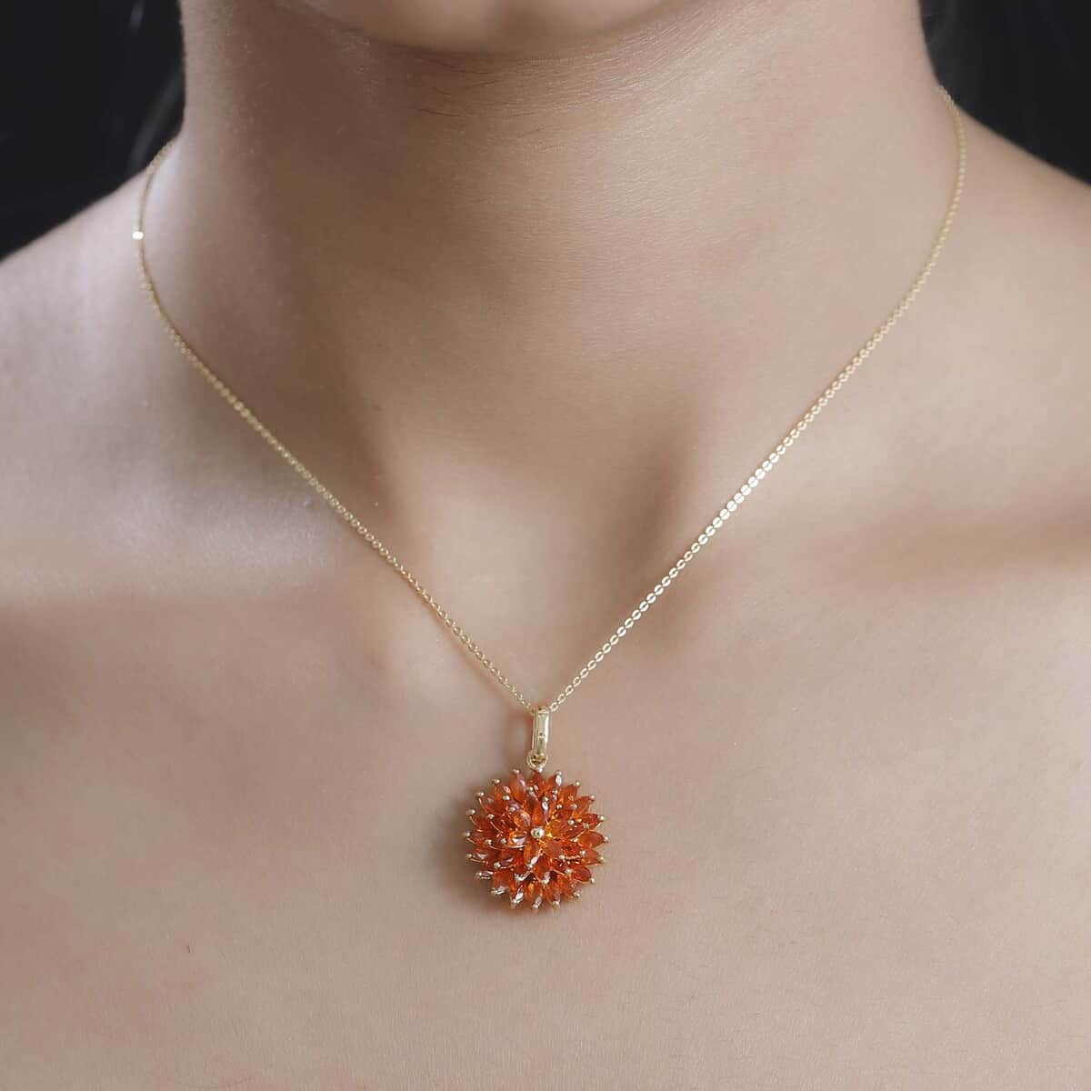 AAA Buriti Fire Opal 2.25 ctw Dahlia Flower Pendant Necklace in 18K Vermeil Yellow Gold Over Sterling Silver 20 Inches image number 2