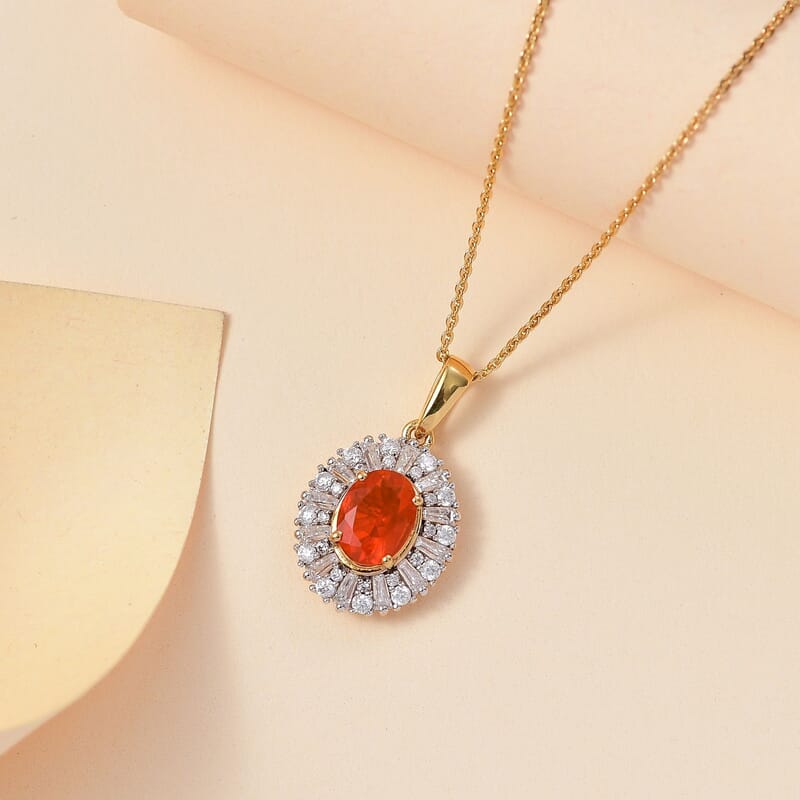 AAA Buriti Fire Opal and Moissanite 1.60 ctw Radiant Sunset Pendant Necklace in 18K Vermeil Yellow Gold Over Sterling Silver 20 Inches
