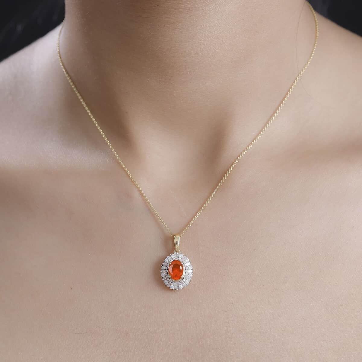 AAA Buriti Fire Opal and Moissanite 1.60 ctw Radiant Sunset Pendant Necklace in 18K Vermeil Yellow Gold Over Sterling Silver 20 Inches image number 2