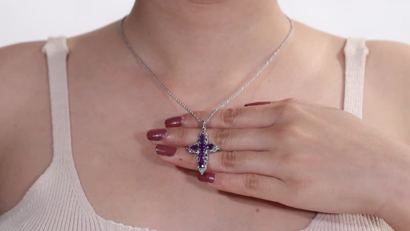 African Amethyst Stud Earrings and Cross Pendant Necklace (20 Inches) in Stainless Steel 3.00 ctw