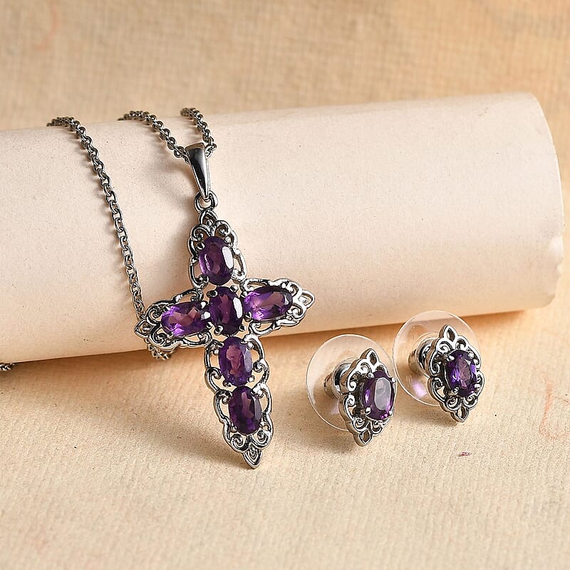 African Amethyst 3.00 ctw Stud Earrings and Cross Pendant Necklace 20 Inches in Stainless Steel