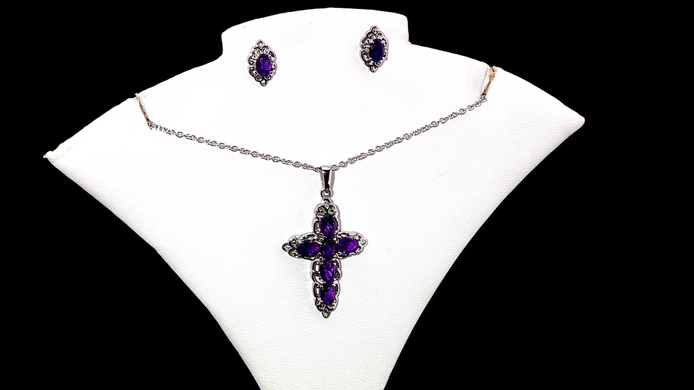 African Amethyst Stud Earrings and Cross Pendant Necklace (20 Inches) in Stainless Steel 3.00 ctw