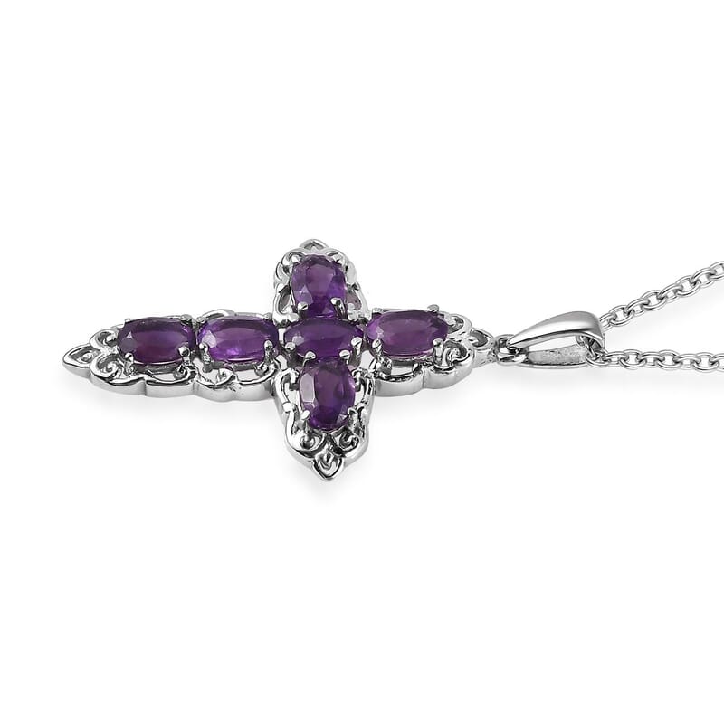 African Amethyst 3.00 ctw Stud Earrings and Cross Pendant Necklace 20 Inches in Stainless Steel