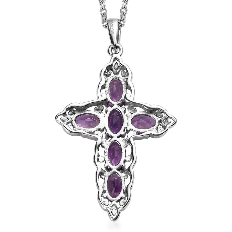African Amethyst 3.00 ctw Stud Earrings and Cross Pendant Necklace 20 Inches in Stainless Steel