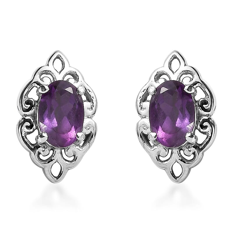 African Amethyst 3.00 ctw Stud Earrings and Cross Pendant Necklace 20 Inches in Stainless Steel