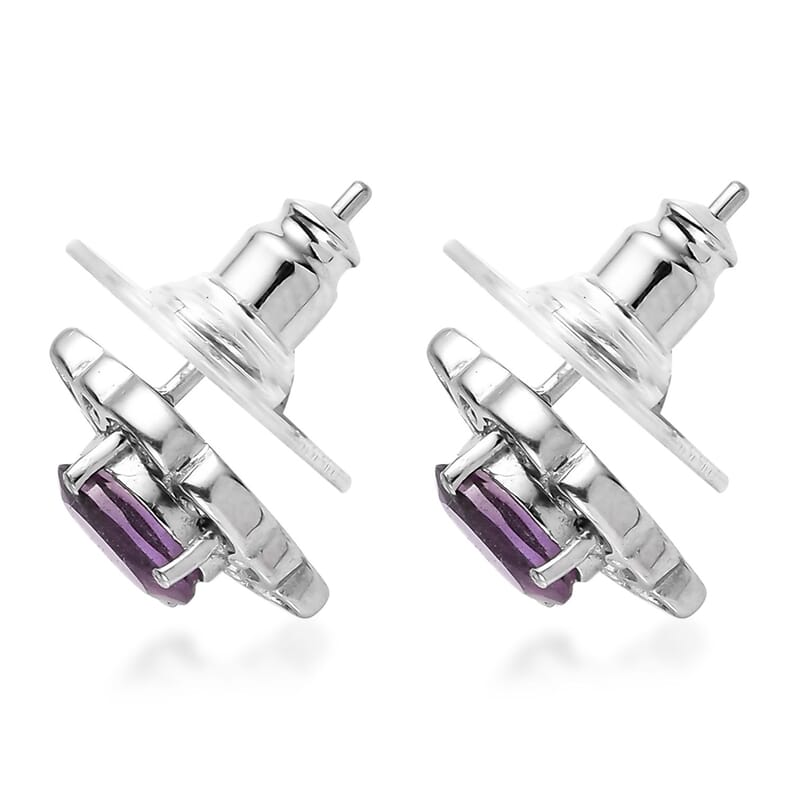 African Amethyst 3.00 ctw Stud Earrings and Cross Pendant Necklace 20 Inches in Stainless Steel