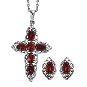 Mozambique Garnet 4.30 ctw Stud Earrings and Cross Pendant Necklace (20 Inches) in Stainless Steel