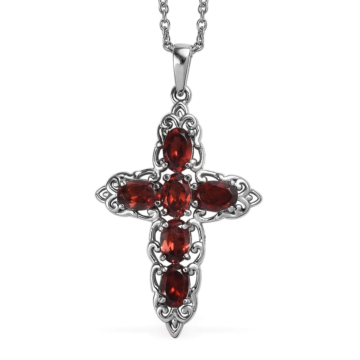Mozambique Garnet 4.30 ctw Stud Earrings and Cross Pendant Necklace (20 Inches) in Stainless Steel image number 3