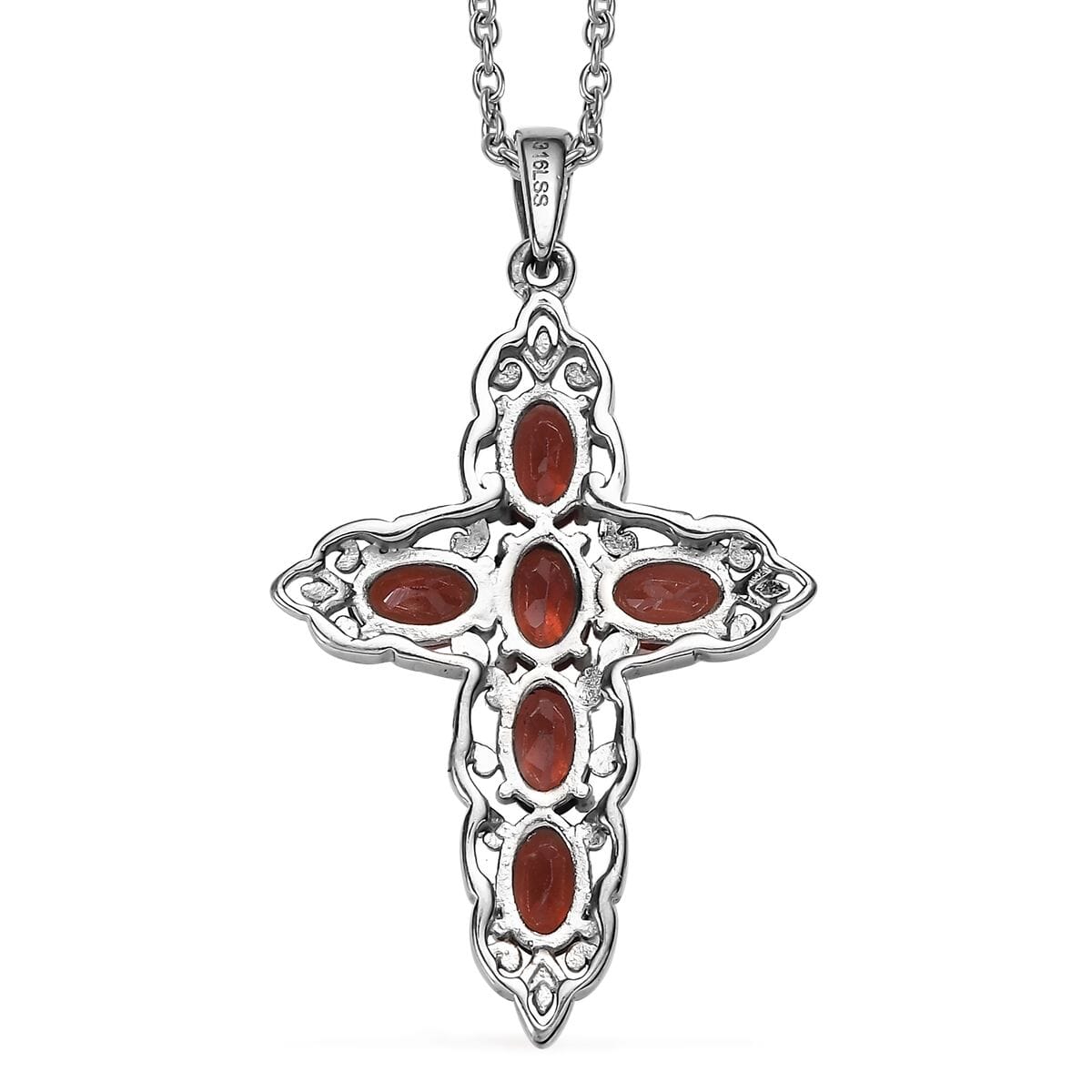 Mozambique Garnet 4.30 ctw Stud Earrings and Cross Pendant Necklace (20 Inches) in Stainless Steel image number 5