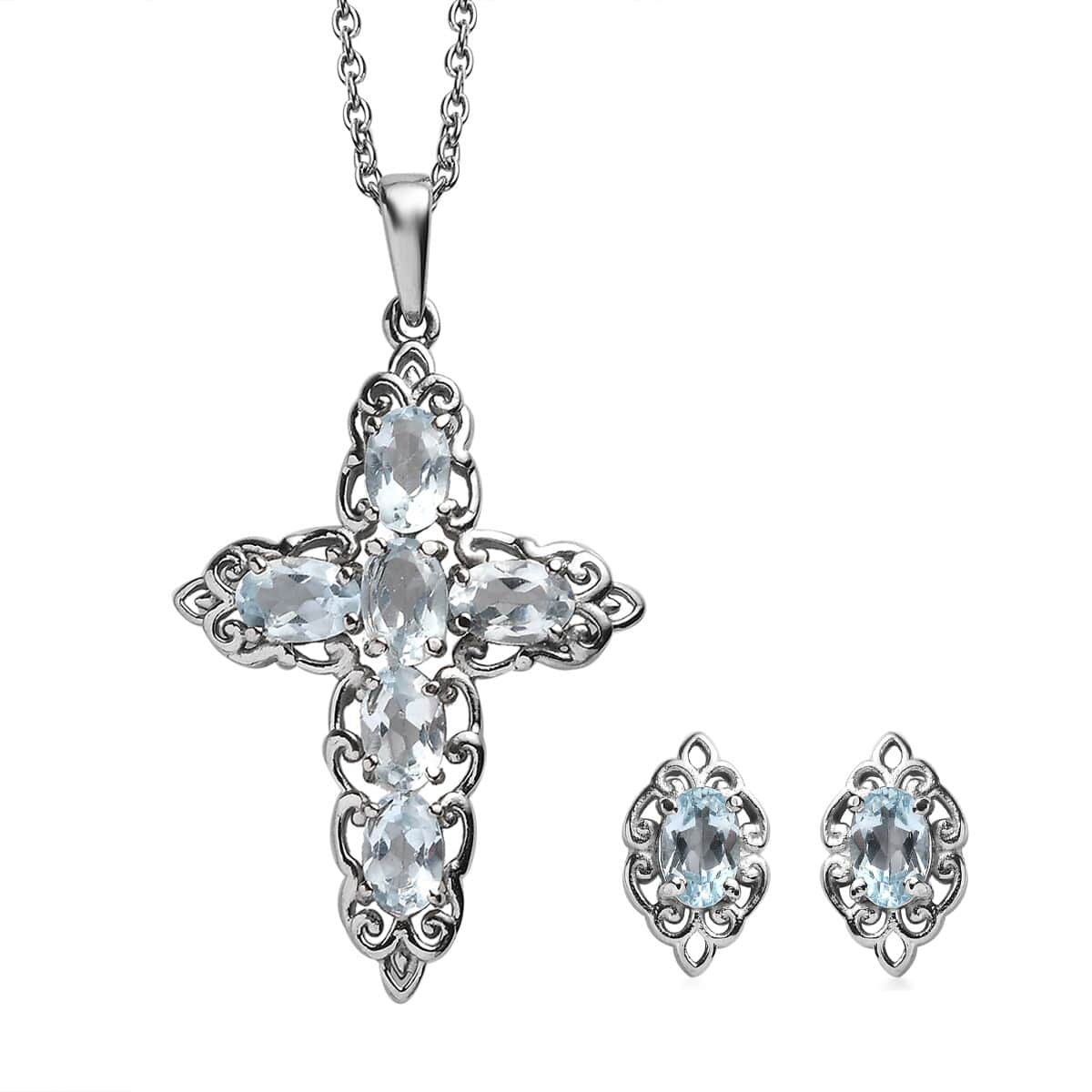 Sky Blue Topaz 4.20 ctw Stud Earrings and Cross Pendant Necklace in Stainless Steel 20 Inches image number 0