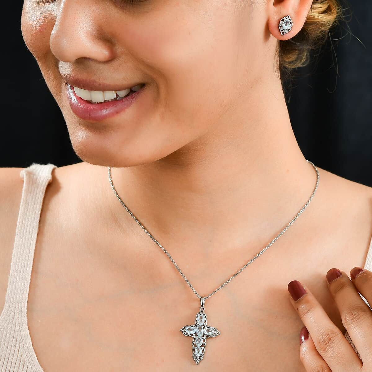 Sky Blue Topaz 4.20 ctw Stud Earrings and Cross Pendant Necklace in Stainless Steel 20 Inches image number 2