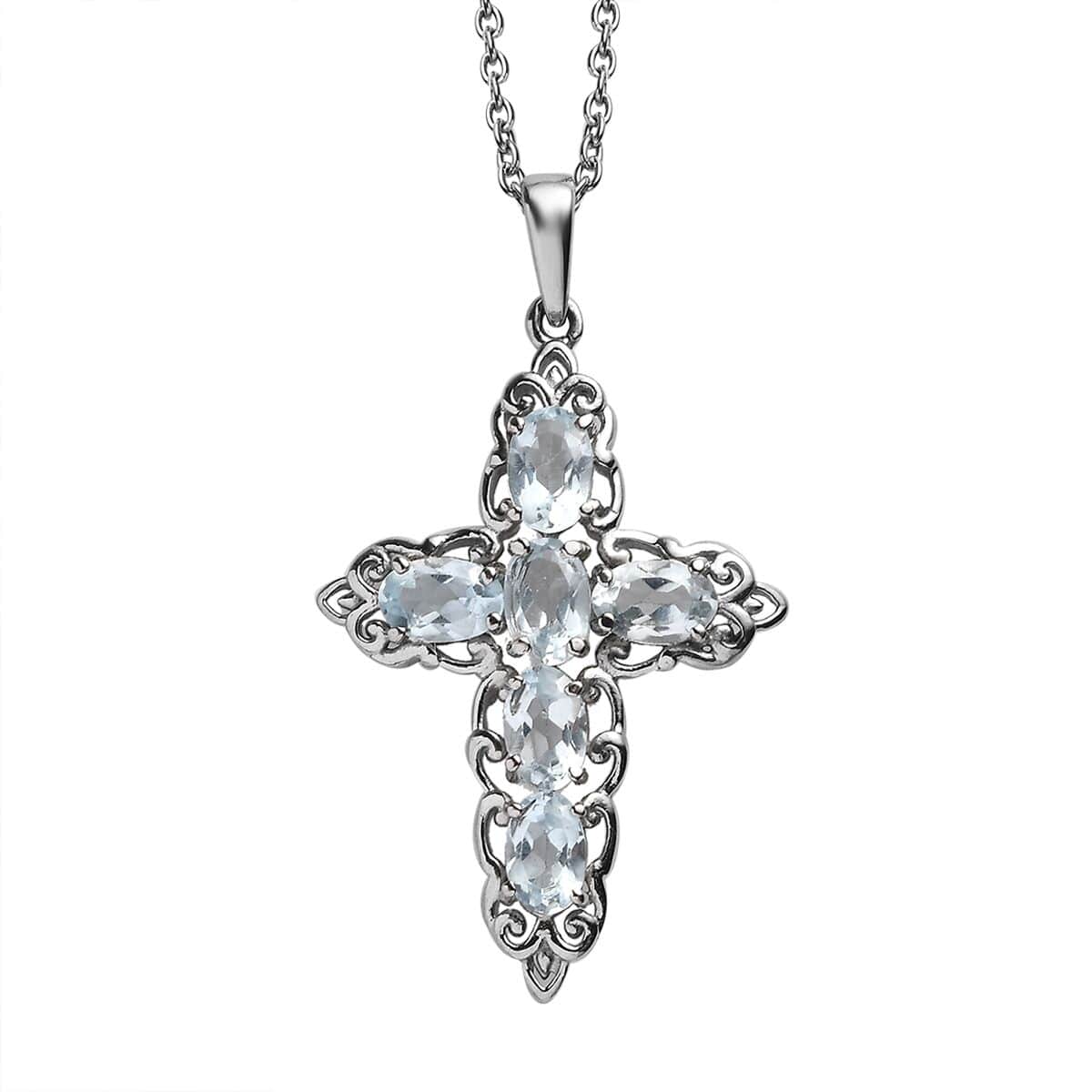 Sky Blue Topaz 4.20 ctw Stud Earrings and Cross Pendant Necklace in Stainless Steel 20 Inches image number 3