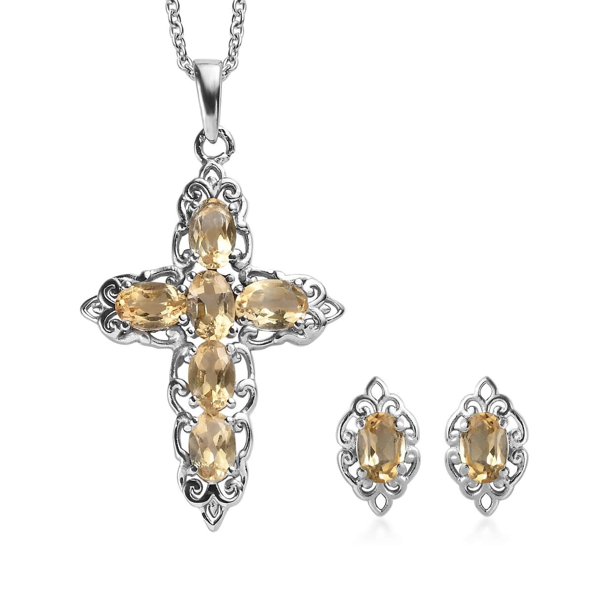 2 Piece Set - Brazilian Citrine 3.20 ctw Earrings and Cross Pendant Necklace 20 Inches in Stainless Steel  image number 0