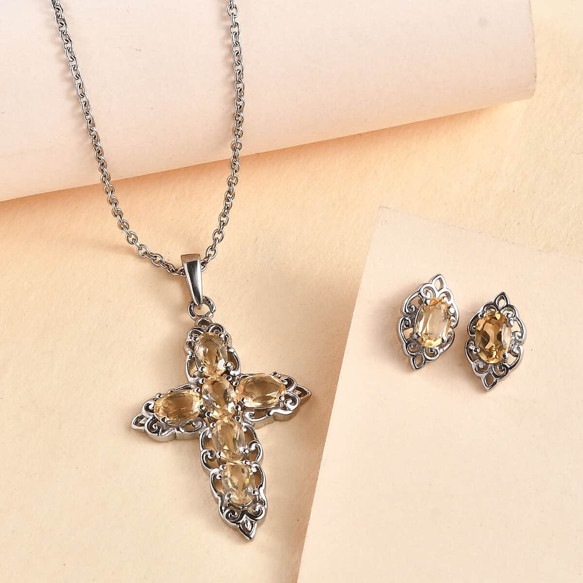 2 Piece Set - Brazilian Citrine 3.20 ctw Earrings and Cross Pendant Necklace 20 Inches in Stainless Steel  image number 1