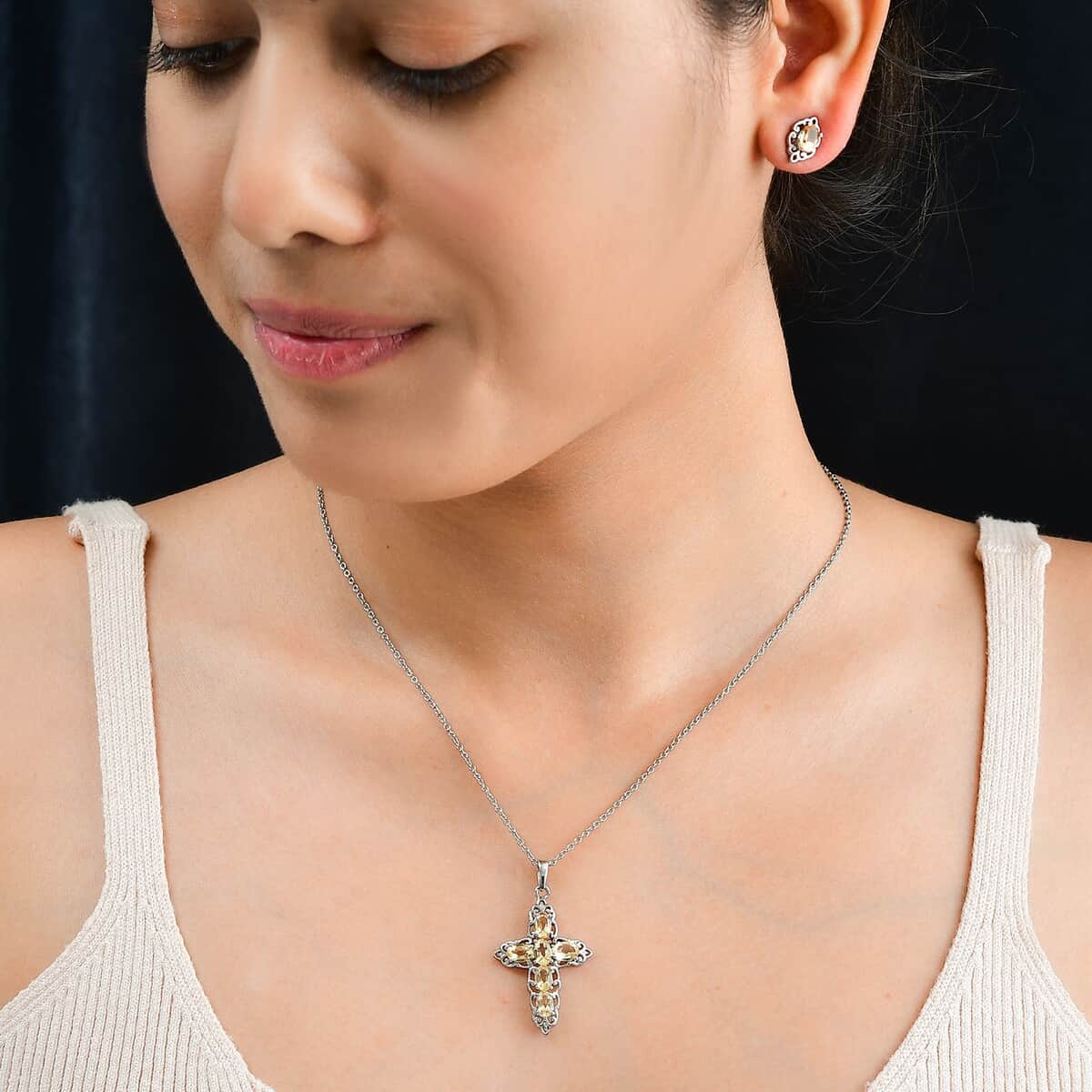 2 Piece Set - Brazilian Citrine 3.20 ctw Earrings and Cross Pendant Necklace 20 Inches in Stainless Steel  image number 2