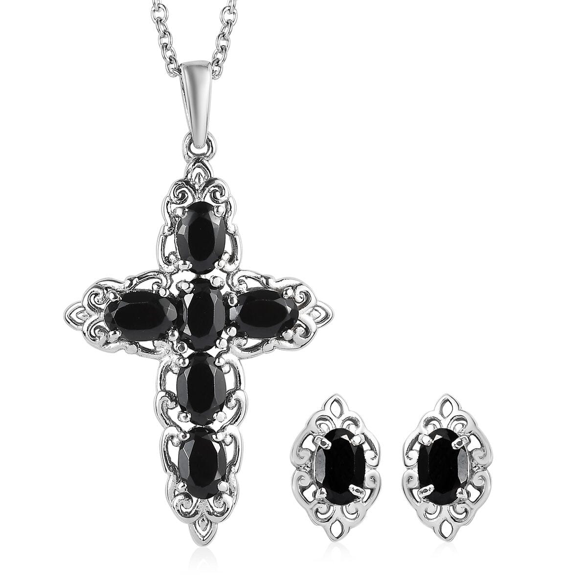 Thai Black Spinel 4.40 ctw Stud Earrings and Cross Pendant Necklace 20 Inches in Stainless Steel image number 0