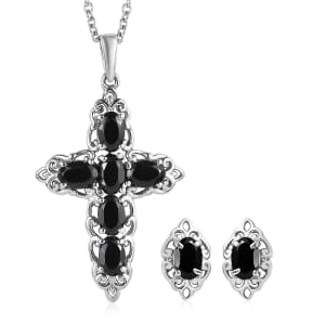 Thai Black Spinel 4.40 ctw Stud Earrings and Cross Pendant Necklace 20 Inches in Stainless Steel