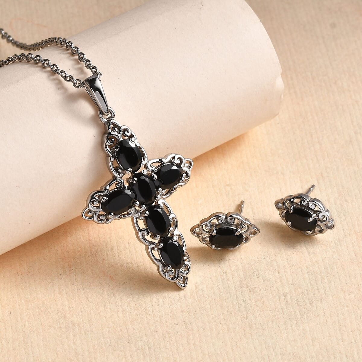 Thai Black Spinel 4.40 ctw Stud Earrings and Cross Pendant Necklace 20 Inches in Stainless Steel image number 1