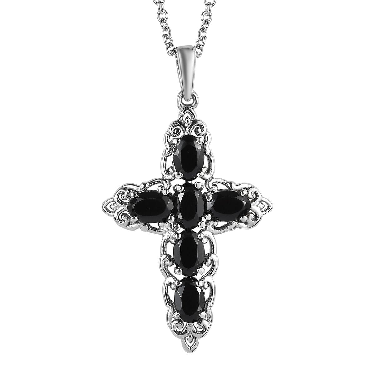 Thai Black Spinel 4.40 ctw Stud Earrings and Cross Pendant Necklace 20 Inches in Stainless Steel image number 2