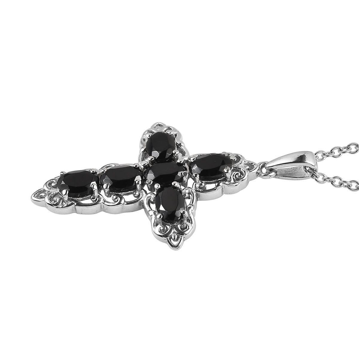 Thai Black Spinel 4.40 ctw Stud Earrings and Cross Pendant Necklace 20 Inches in Stainless Steel image number 3
