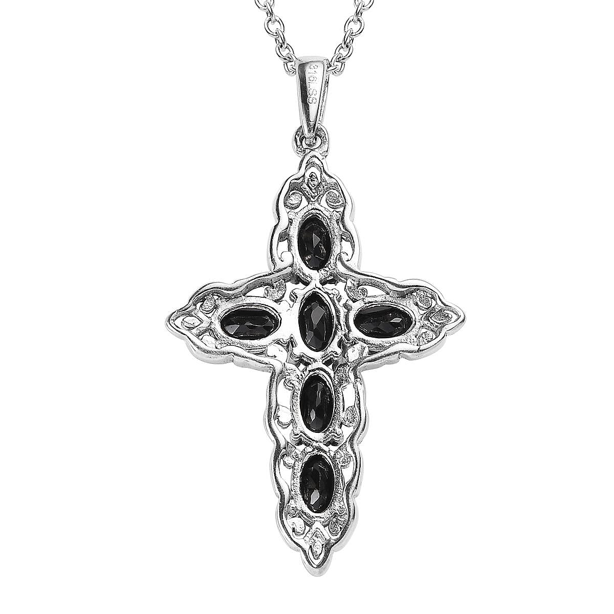 Thai Black Spinel 4.40 ctw Stud Earrings and Cross Pendant Necklace 20 Inches in Stainless Steel