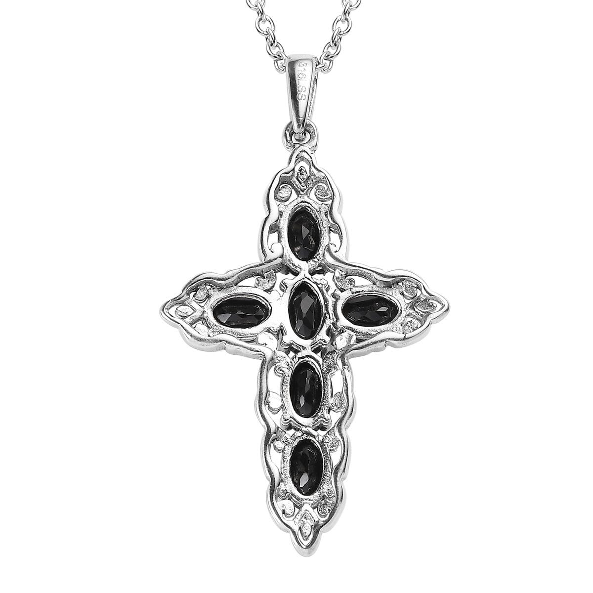 Thai Black Spinel 4.40 ctw Stud Earrings and Cross Pendant Necklace 20 Inches in Stainless Steel image number 4
