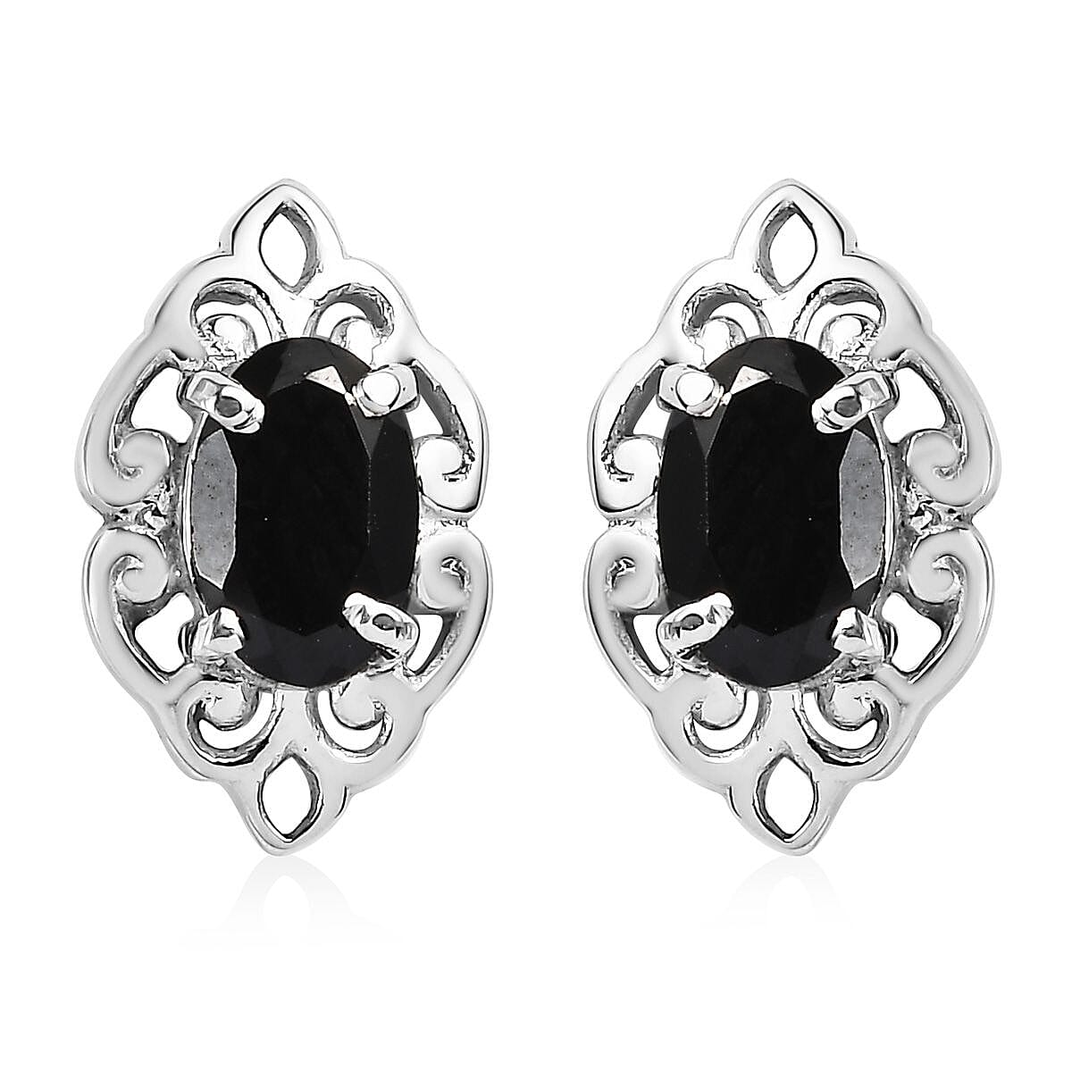 Thai Black Spinel 4.40 ctw Stud Earrings and Cross Pendant Necklace 20 Inches in Stainless Steel