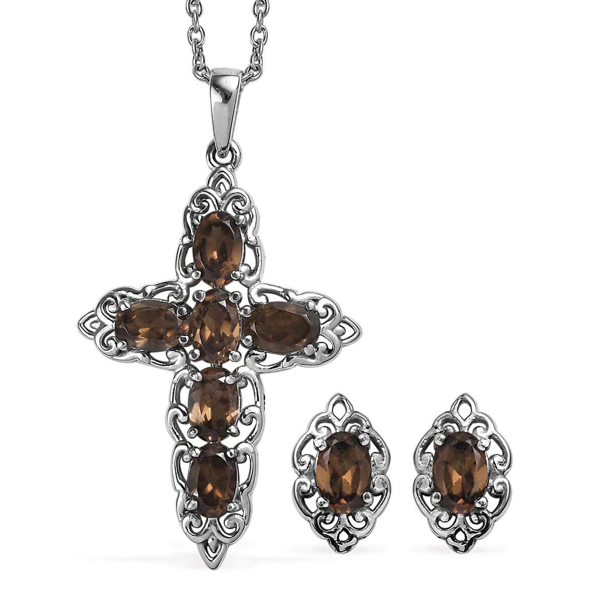 2 Piece Set - Brazilian Smoky Quartz 3.60 ctw Stud Earrings and Pendant Necklace (20 Inches) in Stainless Steel  image number 0