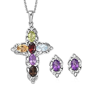 Multi Gemstone 3.60 ctw Stud Earrings and Cross Pendant Necklace 20 Inches in Stainless Steel