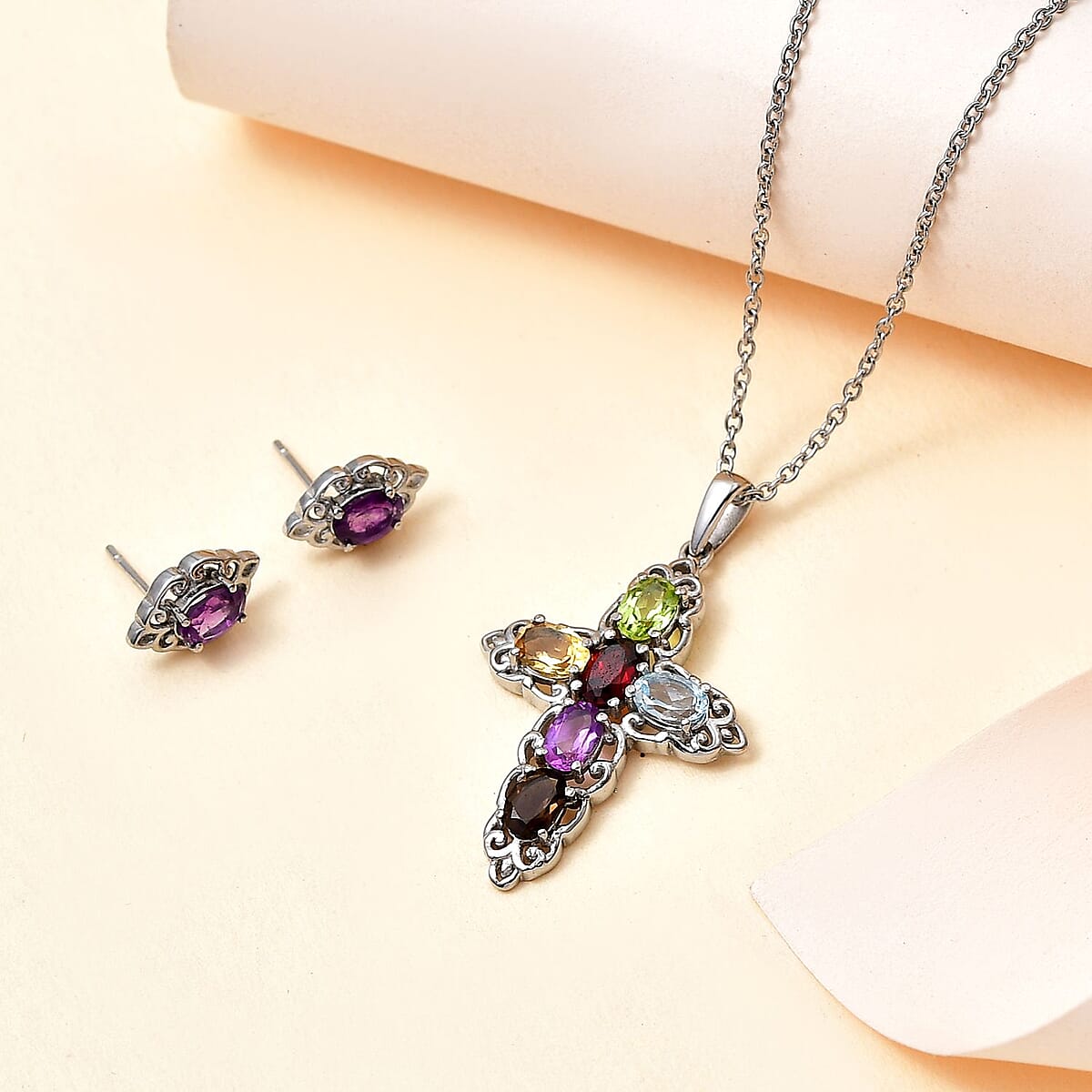 Multi Gemstone 3.60 ctw Stud Earrings and Cross Pendant Necklace 20 Inches in Stainless Steel image number 1