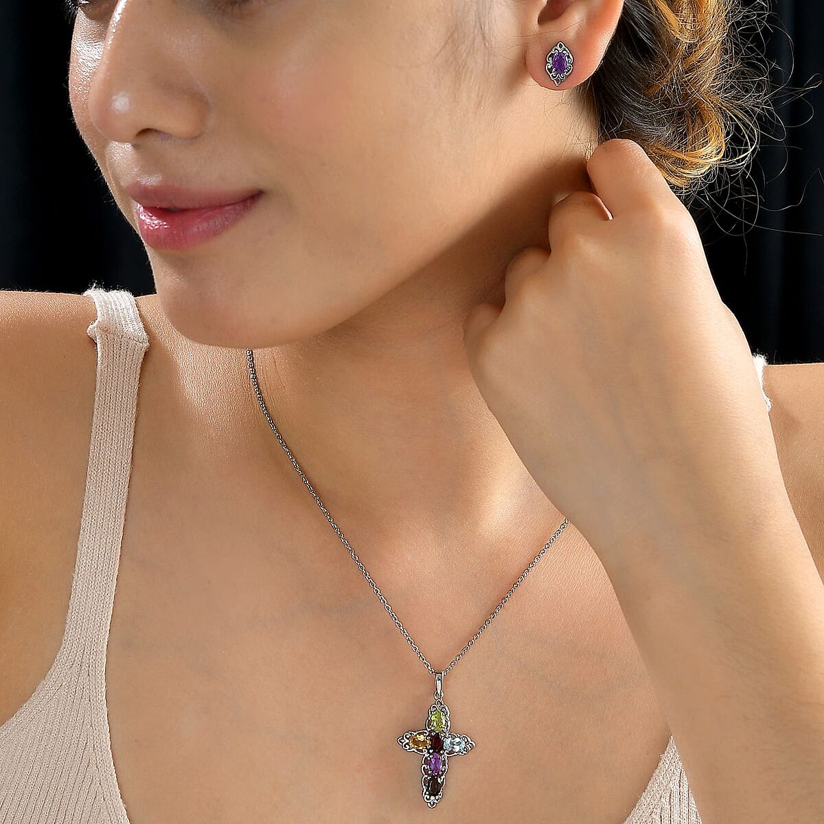 Multi Gemstone 3.60 ctw Stud Earrings and Cross Pendant Necklace 20 Inches in Stainless Steel image number 2