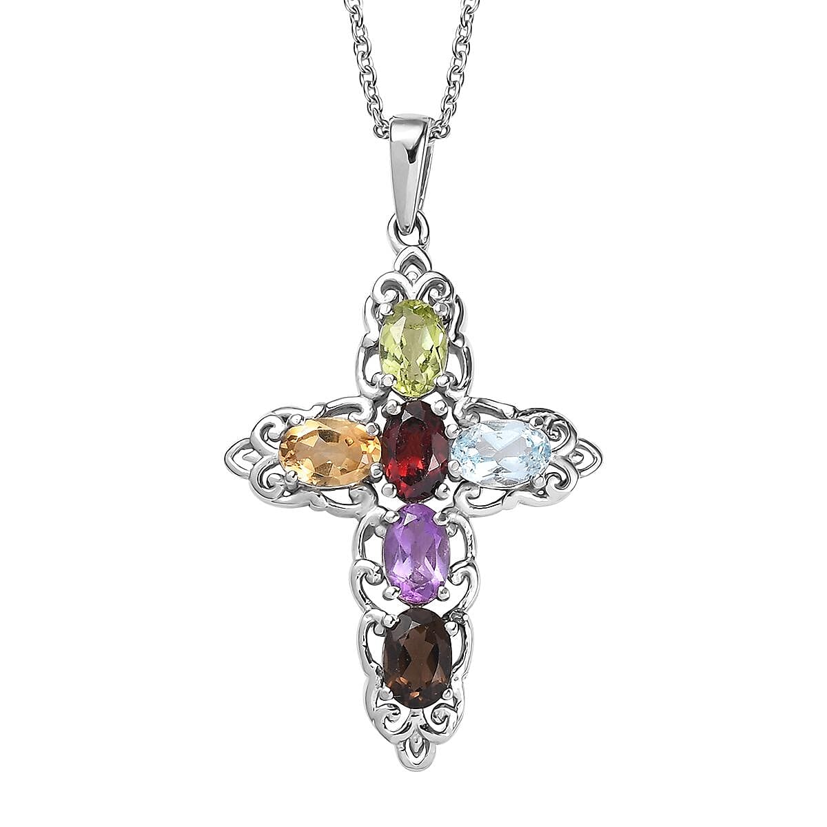 Multi Gemstone 3.60 ctw Stud Earrings and Cross Pendant Necklace 20 Inches in Stainless Steel image number 3