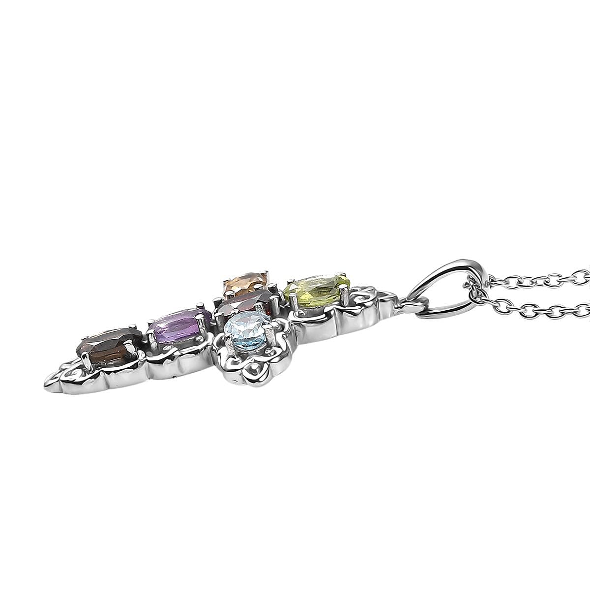 Multi Gemstone 3.60 ctw Stud Earrings and Cross Pendant Necklace 20 Inches in Stainless Steel image number 4