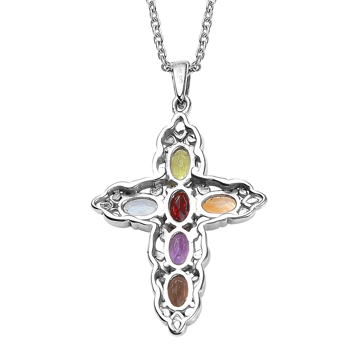Multi Gemstone 3.60 ctw Stud Earrings and Cross Pendant Necklace 20 Inches in Stainless Steel image number 5