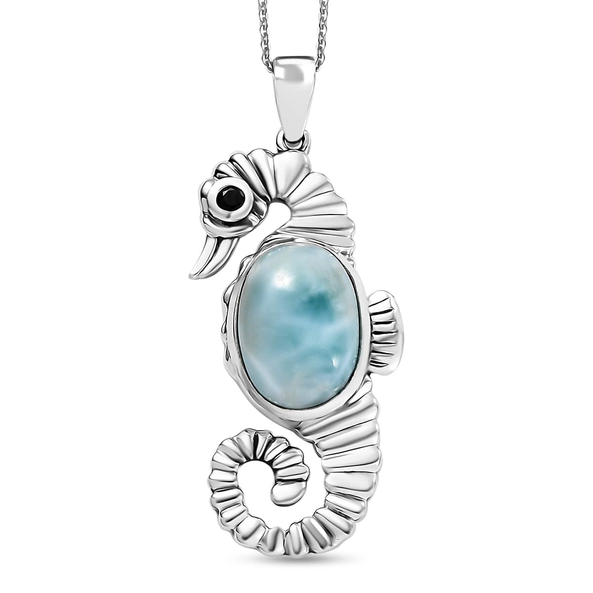 Natural Green Larimar and Thai Black Spinel 7.50 ctw Seahorse Pendant Necklace in Rhodium Over Sterling Silver 20 Inches image number 0