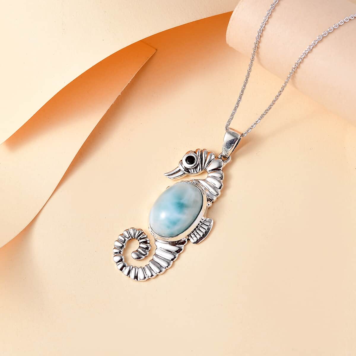 Natural Green Larimar and Thai Black Spinel 7.50 ctw Seahorse Pendant Necklace in Rhodium Over Sterling Silver 20 Inches image number 1